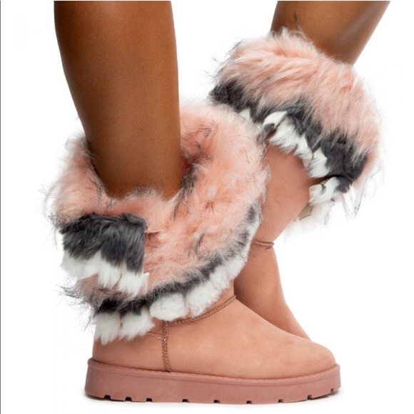 Shoes - Pink Faux Fur Mid Calf Cozy Winter Flat Boots